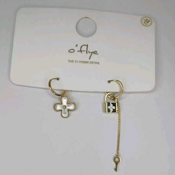 Gold & White Hoop With Flower & Lock & Key Stainless Steel Earrings - Picture 1 of 4